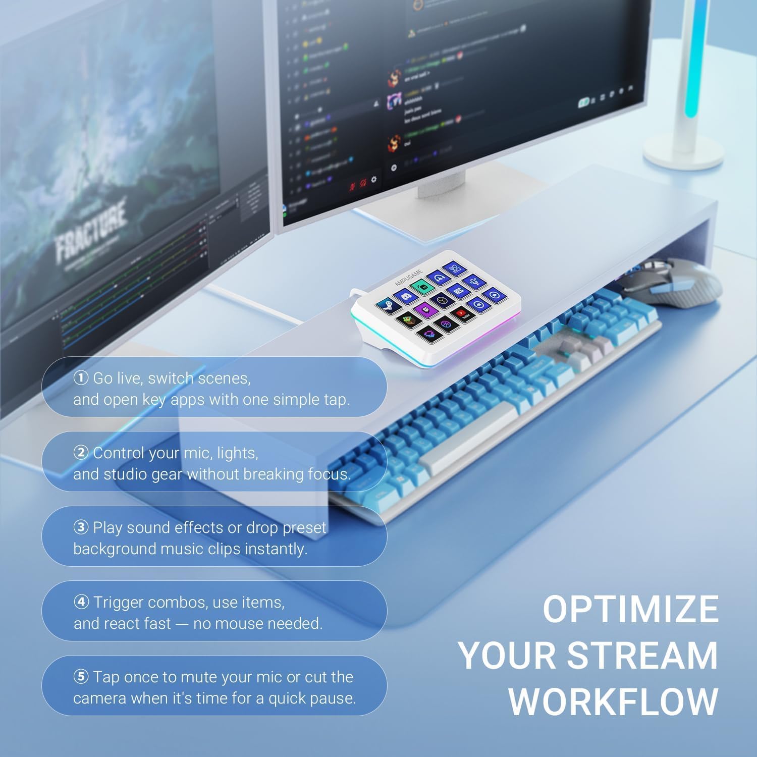 AmpliGame FIFINE Gaming Controller com 15 atalhos para OBS Streaming Studio com teclas de macro, ações de acionamento, controlador RGB de mídia de PC para criação de conteúdo/trabalho de escritório - D6 Branco - Imagem 5