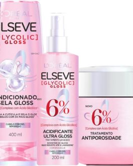 Kit Tratamento Capilar L’Oréal Paris Elseve Glycolic Gloss, Combate Porosidade, 5 Produtos para Brilho e Alinhamento