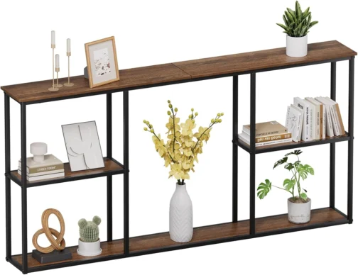 WOHOMO Mesa de Console Estrela com Armazenamento, 3 Prateleiras Pequena Fazenda, Sofá Madeira Atrás do Sofá, Fina para Hall de Entrada, Marrom Rústico (160 cm) - Imagem 2