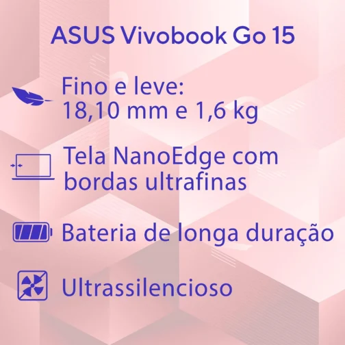 Notebook ASUS Vivobook GO 15, Intel Celeron Dual Core N4500, 4 GB, 128 GB SSD, W11 Home, 15,60" LED, Rose Pink - E510KA-BR833WS - Imagem 3