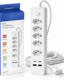 Filtro de Linha Premium Bivolt 2500W com 5 Tomadas 3 Pinos, 2 USB e 2 USB-C, Cabo Branco Longo, Botão Liga/Desliga, Proteção Elétrica – Extensão Ideal para Casa, Escritório e Eletrônicos