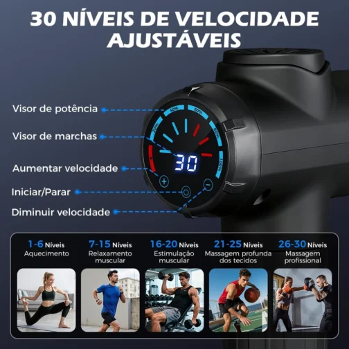 Pistola de Massagem YARUIKE, Massageador Muscular Elétrico Portátil com 10 Acessórios e 30 Velocidades, Preto - Imagem 6