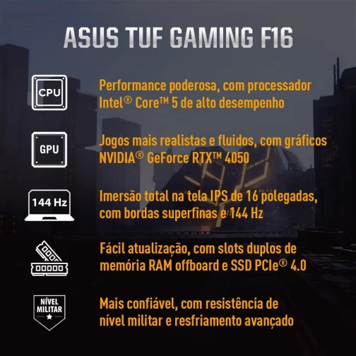 ASUS TUF Gaming F16 Intel Core 5, RTX 4050, 8 GB, 512 GB SSD, KeepOS,16.0'' FHD, Mecha Gray - FX607VU-RL054 - Imagem 3