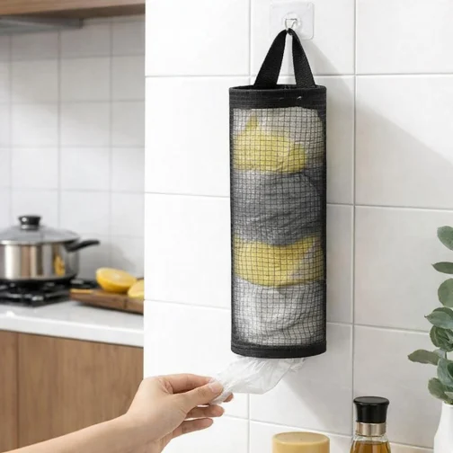 Puxa Saco Organizador Porta Sacolas Plásticas de Cozinha Acessório Prático e Sustentável para Armazenamento Eficiente (Preto) - Imagem 3