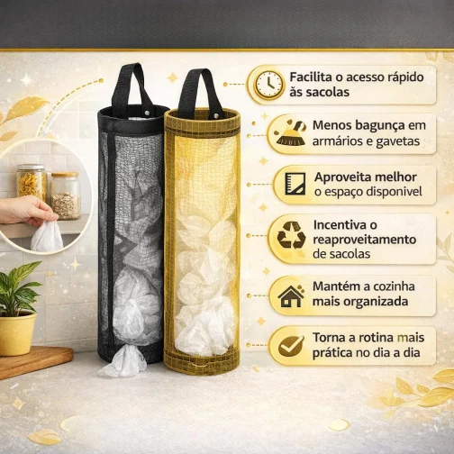 Puxa Saco Organizador Porta Sacolas Plásticas de Cozinha Acessório Prático e Sustentável para Armazenamento Eficiente (Preto) - Imagem 5