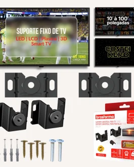 Suporte TV Universal Fixo de Parede Para Smart TV 10 32 40 43 50 55 65 75 até 100 Polegadas Suporta 100kg Slim 2,5cm da Parede Inclui Parafusos para Painel de Madeira e Alvenaria Aço Carbono Preto
