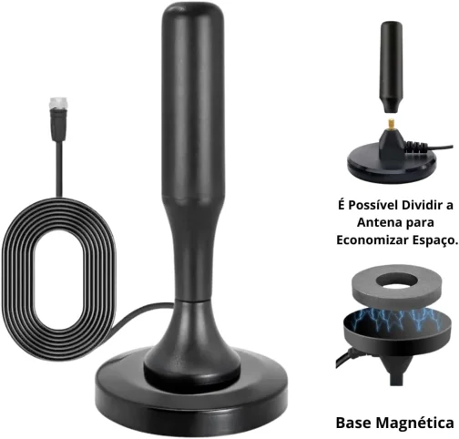 Antena Digital Interna e Externa para TV - HDTV 4K UHF VHF Smart TV, Led, LCD, 3D, Cabo 5 Metros, Com Base de Imã e Resistente a Água - Imagem 3