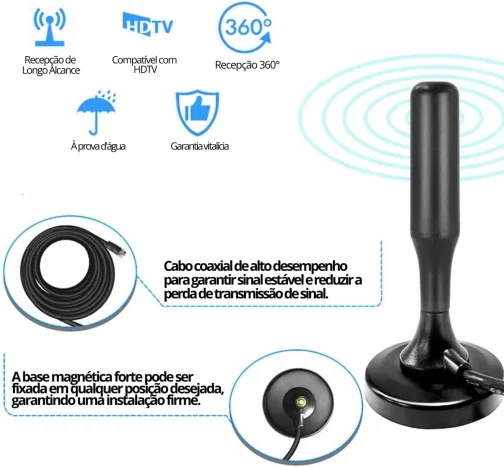 Antena Digital Interna e Externa para TV - HDTV 4K UHF VHF Smart TV, Led, LCD, 3D, Cabo 5 Metros, Com Base de Imã e Resistente a Água - Imagem 4