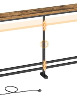 YATINEY Mesa de console de 180 cm com altura ajustável (70 cm a 90 cm) e tomada, mesa fina atrás do sofá, mesa longa estreita para sala de estar, corredor, entrada, marrom rústico e preto CT08UBR