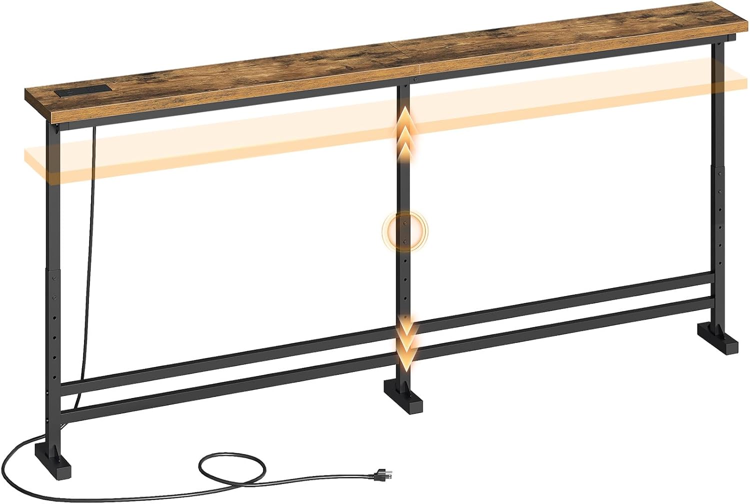 YATINEY Mesa de console de 180 cm com altura ajustável (70 cm a 90 cm) e tomada, mesa fina atrás do sofá, mesa longa estreita para sala de estar, corredor, entrada, marrom rústico e preto CT08UBR