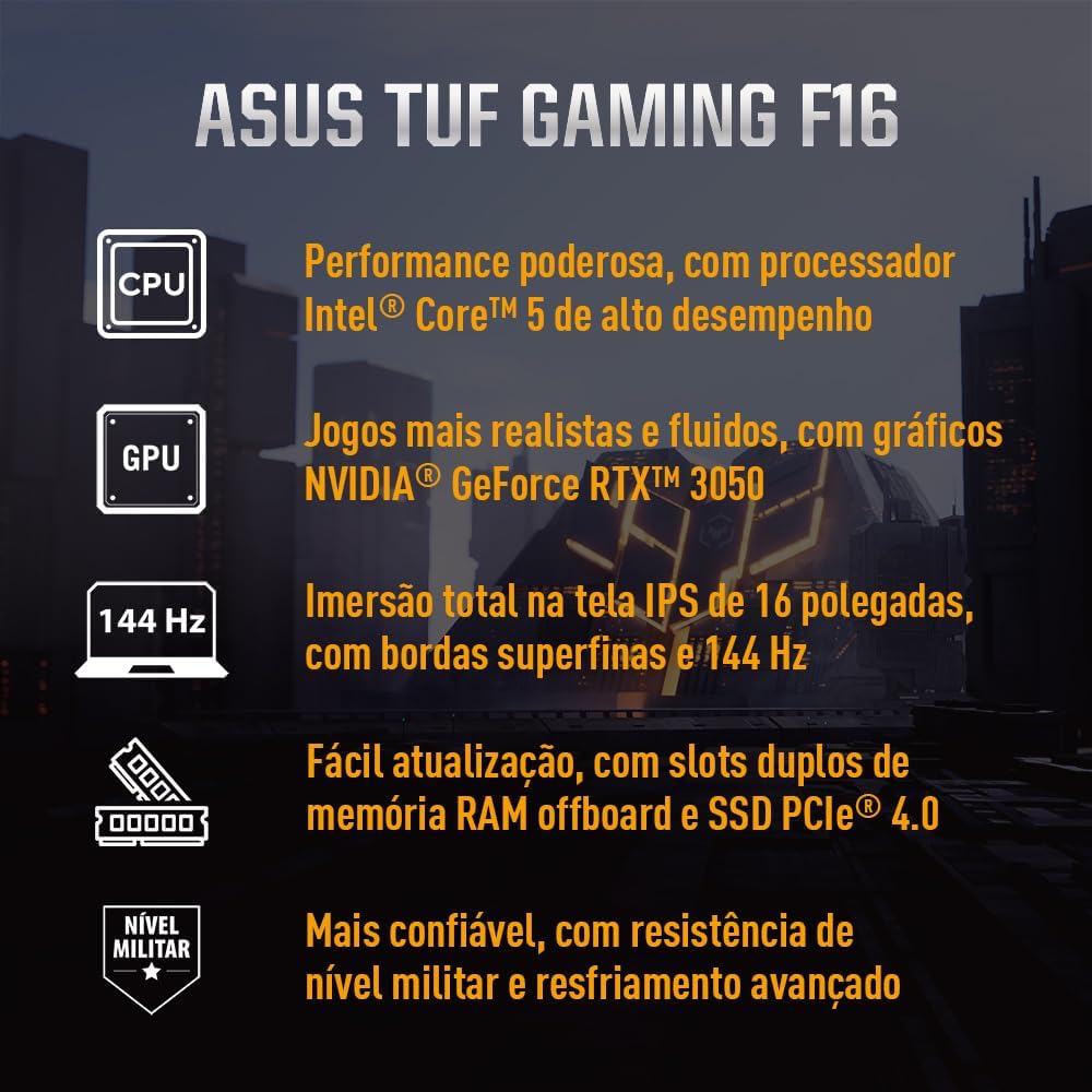 Notebook ASUS TUF Gaming F16 Intel Core 5, RTX 3050, 16 GB, 512 GB SSD, W11 Home,Tela 16.0'' FHD, Mecha Gray - FX607VJ-RL007W - Imagem 3