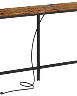 SUPERJARE Mesa de console com tomada, mesa de sofá de 163 cm com estação de carregamento, mesa de entrada estreita, mesa atrás do sofá, para sala de estar, plantas – marrom rústico