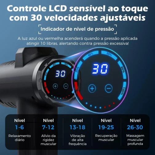 Pistola de Massagem YARUIKE, Massageador Muscular Portátil com 10 Cabeças, 30 Velocidades e Tela LCD, Preto - Imagem 6