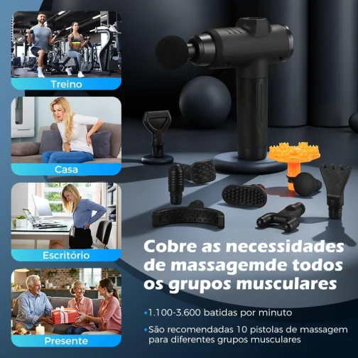 Pistola de Massagem YARUIKE, Massageador Muscular Portátil com 10 Cabeças, 30 Velocidades e Tela LCD, Preto - Imagem 7