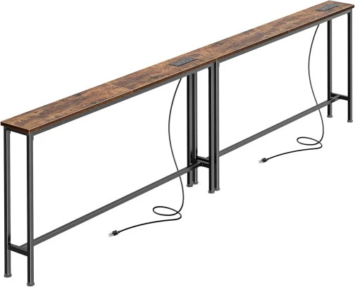 SUPERJARE Mesa de console estreita de 240 cm com tomada, mesas de sofá, mesa atrás do sofá, mesas de entrada longas com estação de carregamento, para sala de estar, marrom rústico - Imagem 2