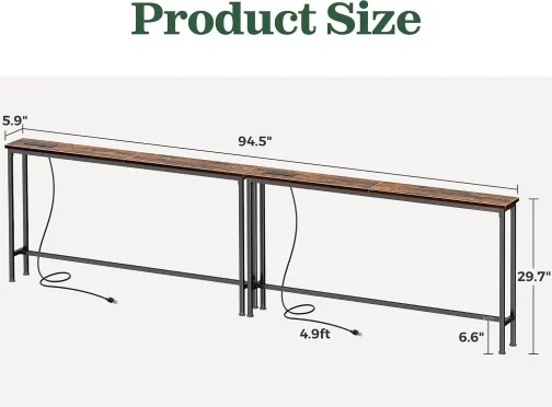 SUPERJARE Mesa de console estreita de 240 cm com tomada, mesas de sofá, mesa atrás do sofá, mesas de entrada longas com estação de carregamento, para sala de estar, marrom rústico - Imagem 4