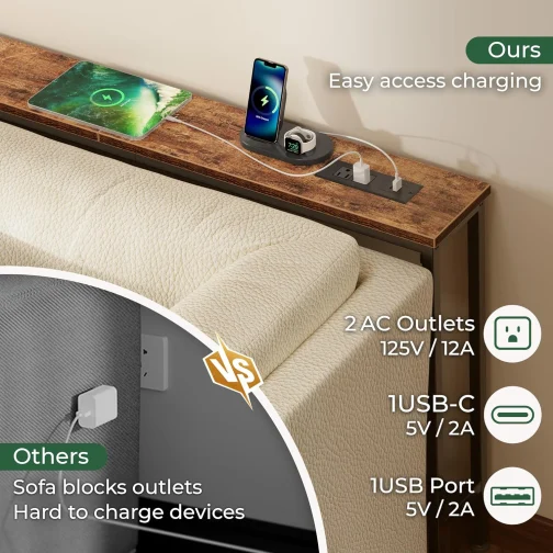 SUPERJARE Mesa de console estreita de 240 cm com tomada, mesas de sofá, mesa atrás do sofá, mesas de entrada longas com estação de carregamento, para sala de estar, marrom rústico - Imagem 5