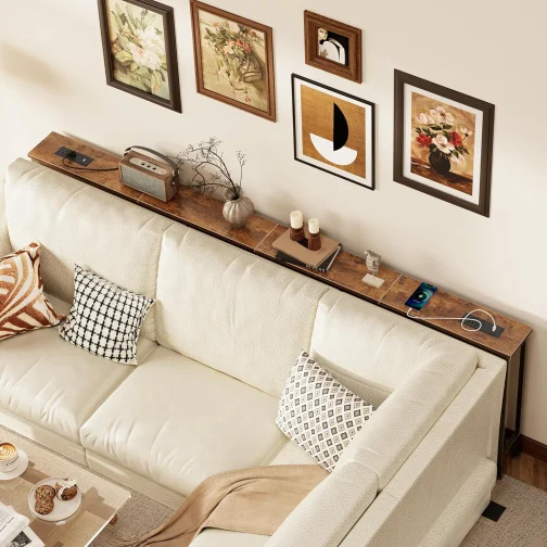 SUPERJARE Mesa de console estreita de 240 cm com tomada, mesas de sofá, mesa atrás do sofá, mesas de entrada longas com estação de carregamento, para sala de estar, marrom rústico - Imagem 8
