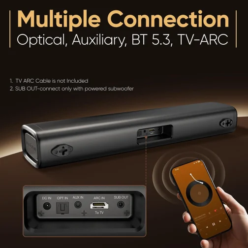 Saiyin Barra de som para Smart TV, barra de som Bluetooth 5.3 de 60 W com drivers de graves duplos e voz clara, sistema de som surround virtual com TV-ARC/óptico/AUX para TV/PC/jogos/projetores, 43 cm - Imagem 5
