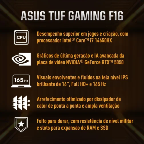 Notebook ASUS TUF Gaming F16, Intel Core i7 RTX 5050, 16 GB, 512 GB SSD, 16.0'' FHD, Jaeger Gray - FX608JHR-RV016W - Imagem 17