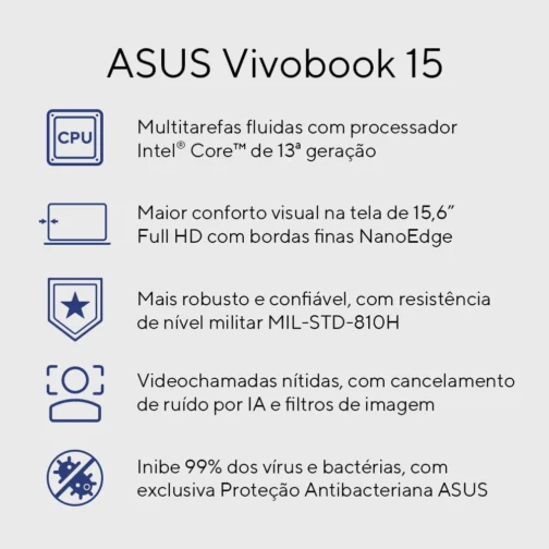 Notebook ASUS Vivobook 15, Intel Core i5, 16 GB, 512 GB SSD W11 Home, 15.6'' FHD, Quiet Blue -X1504VA-NJ1745W - Imagem 20