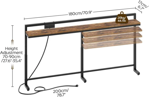 YATINEY Mesa de Console Estreita de 180 cm com Altura Ajustável (70-90 cm), Mesa para Trás do Sofá, Mesa Fina com Tomada, Mesa Longa para Entrada, Mesa para Trás do Sofá para Sala de Estar, Marrom - Imagem 4
