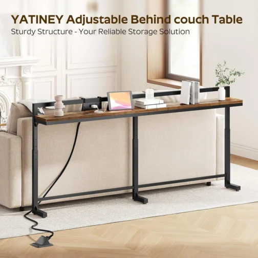 YATINEY Mesa de Console Estreita de 180 cm com Altura Ajustável (70-90 cm), Mesa para Trás do Sofá, Mesa Fina com Tomada, Mesa Longa para Entrada, Mesa para Trás do Sofá para Sala de Estar, Marrom - Imagem 5