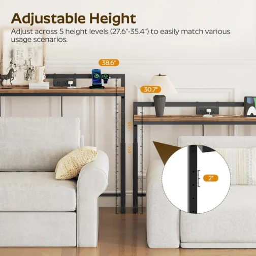 YATINEY Mesa de Console Estreita de 180 cm com Altura Ajustável (70-90 cm), Mesa para Trás do Sofá, Mesa Fina com Tomada, Mesa Longa para Entrada, Mesa para Trás do Sofá para Sala de Estar, Marrom - Imagem 6