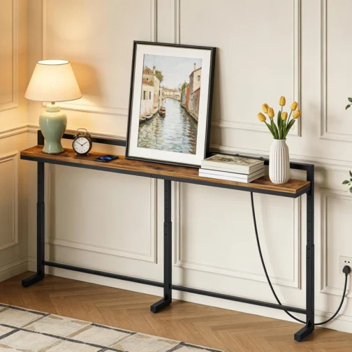 YATINEY Mesa de Console Estreita de 180 cm com Altura Ajustável (70-90 cm), Mesa para Trás do Sofá, Mesa Fina com Tomada, Mesa Longa para Entrada, Mesa para Trás do Sofá para Sala de Estar, Marrom - Imagem 10