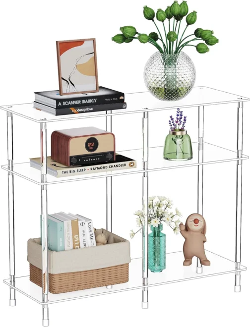 Mesa de console de acrílico transparente, 80 cm C x 30 cm L x 68 cm A, mesa de entrada de sofá retangular de 3 andares, pequena prateleira de armazenamento transparente para sofá, hall de - Imagem 2