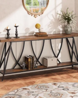 JUSTOGO Mesa de console estreita de 180 cm para entrada, mesa de sofá longa industrial atrás do sofá, mesa de corredor de fazenda com armazenamento para sala de estar, entrada, hall de entrada, marrom