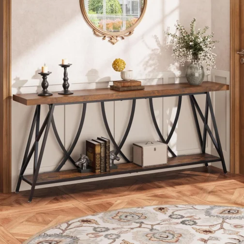 JUSTOGO Mesa de console estreita de 180 cm para entrada, mesa de sofá longa industrial atrás do sofá, mesa de corredor de fazenda com armazenamento para sala de estar, entrada, hall de entrada, marrom - Imagem 2