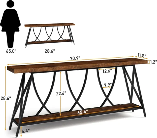 JUSTOGO Mesa de console estreita de 180 cm para entrada, mesa de sofá longa industrial atrás do sofá, mesa de corredor de fazenda com armazenamento para sala de estar, entrada, hall de entrada, marrom - Imagem 3