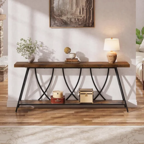 JUSTOGO Mesa de console estreita de 180 cm para entrada, mesa de sofá longa industrial atrás do sofá, mesa de corredor de fazenda com armazenamento para sala de estar, entrada, hall de entrada, marrom - Imagem 4