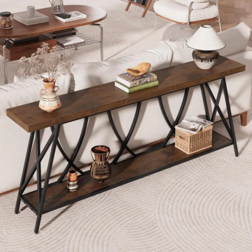 JUSTOGO Mesa de console estreita de 180 cm para entrada, mesa de sofá longa industrial atrás do sofá, mesa de corredor de fazenda com armazenamento para sala de estar, entrada, hall de entrada, marrom - Imagem 5