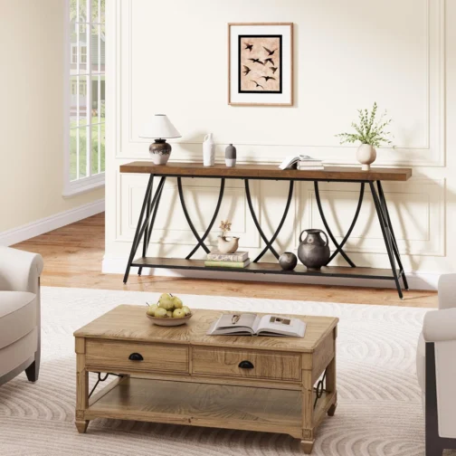 JUSTOGO Mesa de console estreita de 180 cm para entrada, mesa de sofá longa industrial atrás do sofá, mesa de corredor de fazenda com armazenamento para sala de estar, entrada, hall de entrada, marrom - Imagem 8