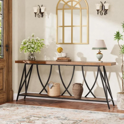 JUSTOGO Mesa de console estreita de 180 cm para entrada, mesa de sofá longa industrial atrás do sofá, mesa de corredor de fazenda com armazenamento para sala de estar, entrada, hall de entrada, marrom - Imagem 9