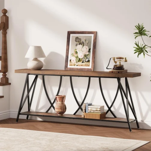 JUSTOGO Mesa de console estreita de 180 cm para entrada, mesa de sofá longa industrial atrás do sofá, mesa de corredor de fazenda com armazenamento para sala de estar, entrada, hall de entrada, marrom - Imagem 10