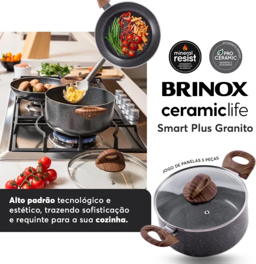 Brinox - Jogo de Panelas Antiaderente Ceramic Life 5 Peças com Fundo de Indução Smart Plus - Granito - Imagem 4