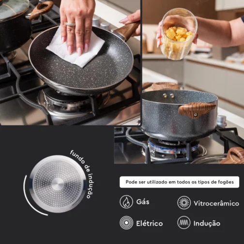 Brinox - Jogo de Panelas Antiaderente Ceramic Life 5 Peças com Fundo de Indução Smart Plus - Granito - Imagem 5