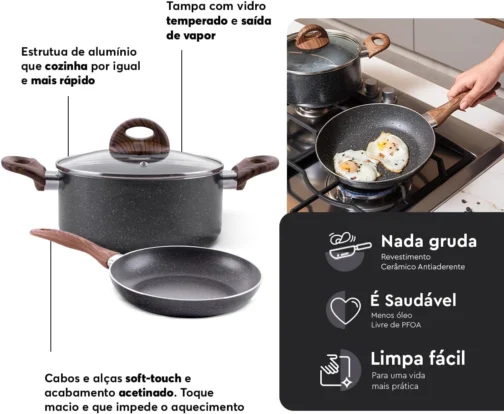 Brinox - Jogo de Panelas Antiaderente Ceramic Life 5 Peças com Fundo de Indução Smart Plus - Granito - Imagem 6