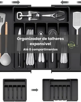 Porta Talheres Expansível de 33cm a 57cm, Organizador Grande Para Gaveta Bandeja Ajustável, Preto Polipropileno, 8 Divisórias, Design Moderno Multiuso Ideal para Cozinha.