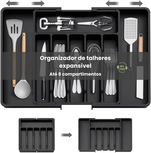 Porta Talheres Expansível de 33cm a 57cm, Organizador Grande Para Gaveta Bandeja Ajustável, Preto Polipropileno, 8 Divisórias, Design Moderno Multiuso Ideal para Cozinha. - Imagem 2