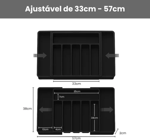 Porta Talheres Expansível de 33cm a 57cm, Organizador Grande Para Gaveta Bandeja Ajustável, Preto Polipropileno, 8 Divisórias, Design Moderno Multiuso Ideal para Cozinha. - Imagem 3