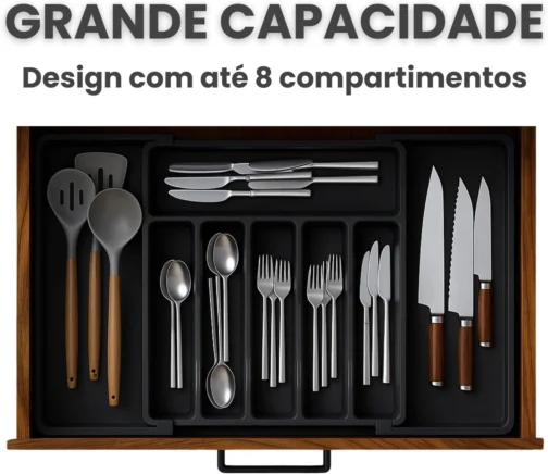 Porta Talheres Expansível de 33cm a 57cm, Organizador Grande Para Gaveta Bandeja Ajustável, Preto Polipropileno, 8 Divisórias, Design Moderno Multiuso Ideal para Cozinha. - Imagem 4