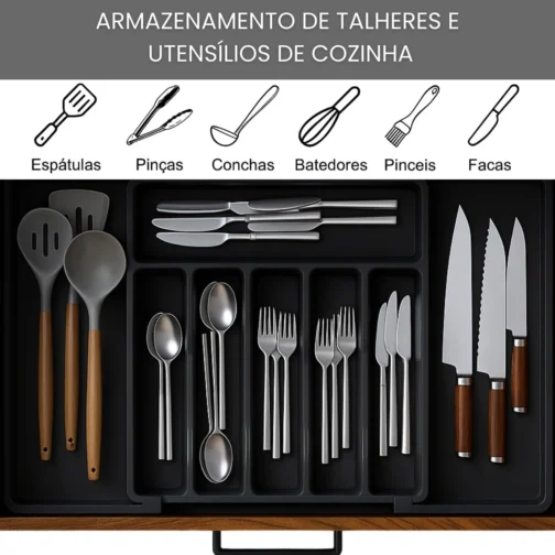 Porta Talheres Expansível de 33cm a 57cm, Organizador Grande Para Gaveta Bandeja Ajustável, Preto Polipropileno, 8 Divisórias, Design Moderno Multiuso Ideal para Cozinha. - Imagem 5