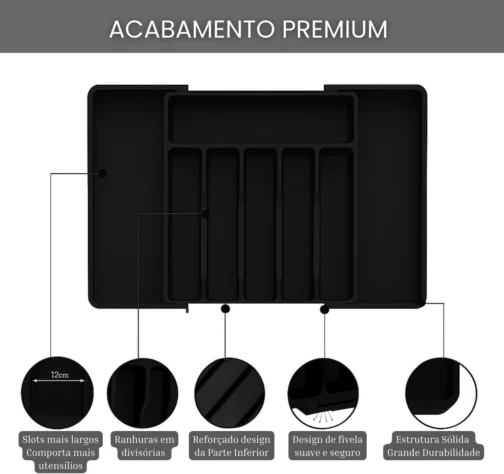 Porta Talheres Expansível de 33cm a 57cm, Organizador Grande Para Gaveta Bandeja Ajustável, Preto Polipropileno, 8 Divisórias, Design Moderno Multiuso Ideal para Cozinha. - Imagem 7