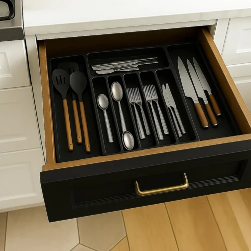 Porta Talheres Expansível de 33cm a 57cm, Organizador Grande Para Gaveta Bandeja Ajustável, Preto Polipropileno, 8 Divisórias, Design Moderno Multiuso Ideal para Cozinha. - Imagem 8