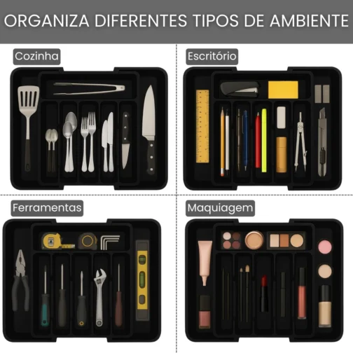 Porta Talheres Expansível de 33cm a 57cm, Organizador Grande Para Gaveta Bandeja Ajustável, Preto Polipropileno, 8 Divisórias, Design Moderno Multiuso Ideal para Cozinha. - Imagem 9