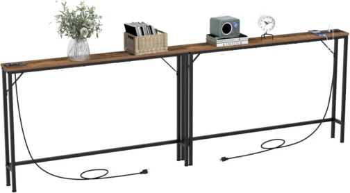 Tohomeor Mesa de console 120 cm estreita longa mesa de sofá com tomadas de energia, portas USB, mesa de entrada de madeira industrial para entrada, sala de estar, corredor (marrom, L-94,4xW-5,91) - Imagem 2